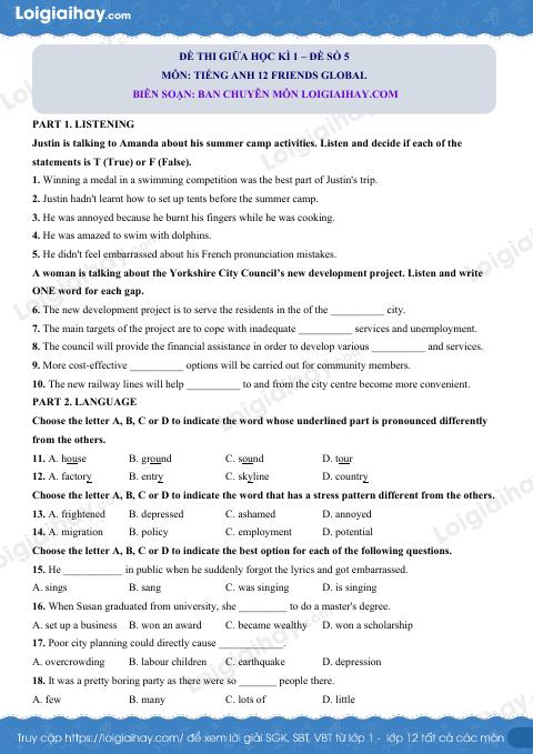 Đề thi giữa kì 1 Tiếng Anh 12 Friends Global - Đề số 5